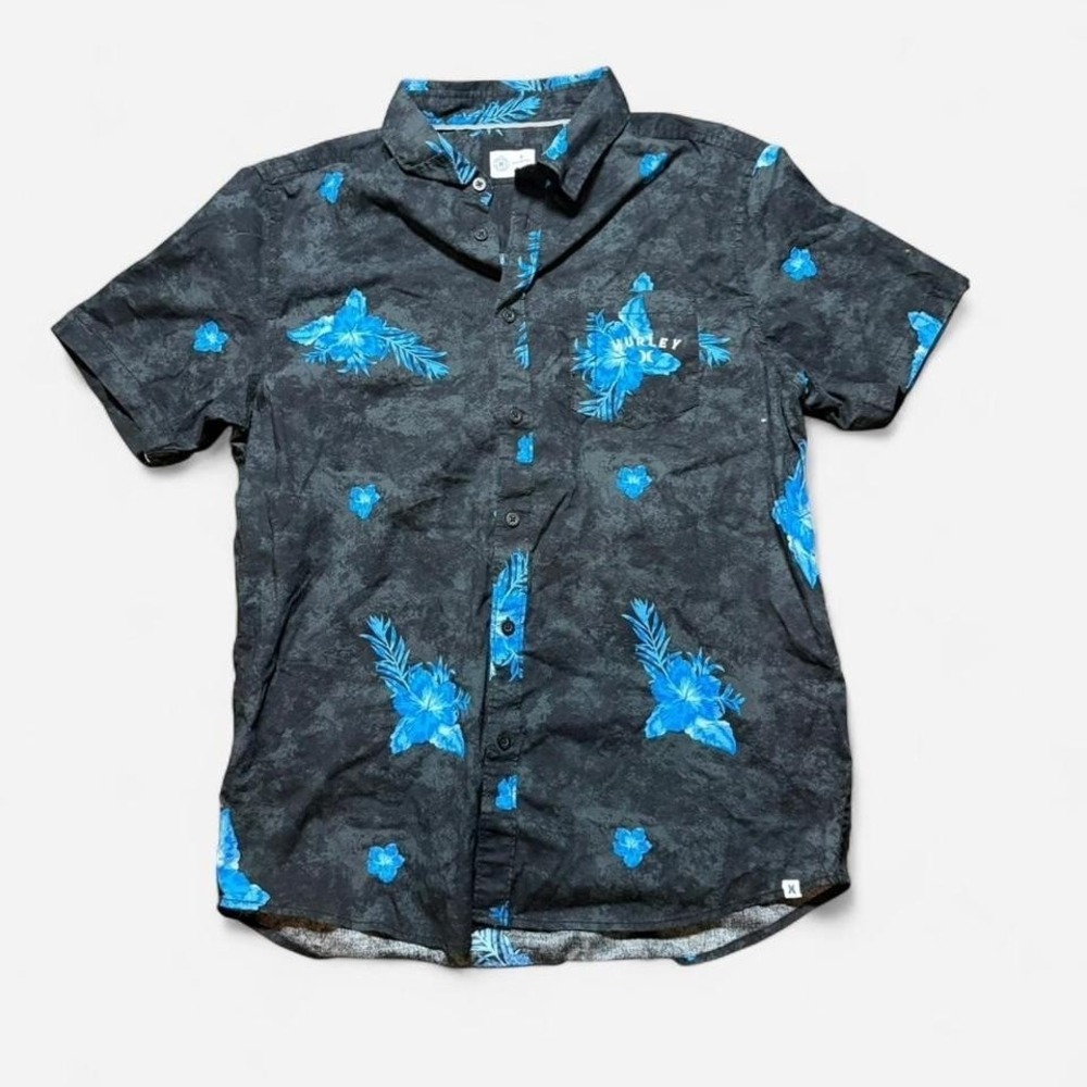 Y2K Hurley Hawaiian Button Up Short Sleeve Shirt Black/Blue Hibiscus Size M Mens